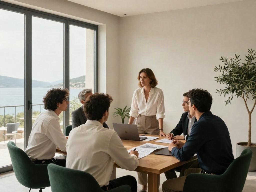 An illustrative strategy team reviewing business insights in a bright, coastal-inspired meeting room